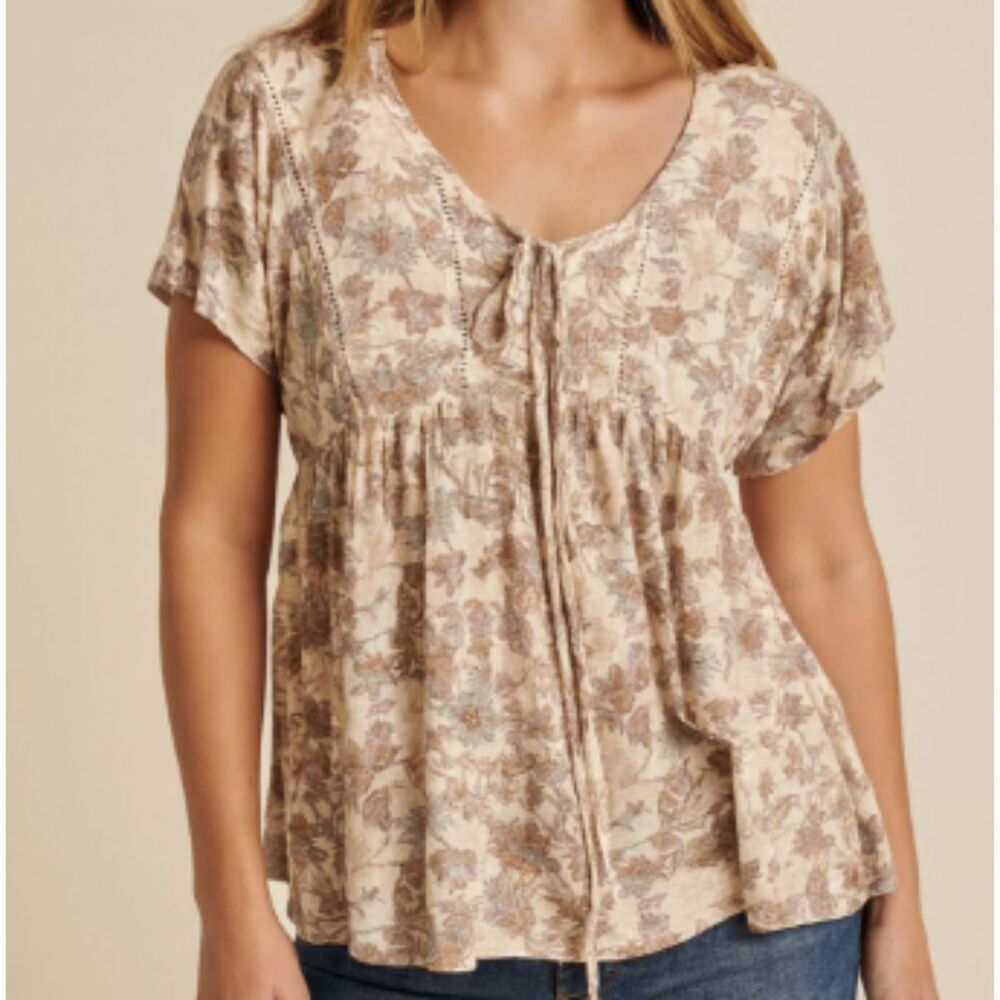 Lucky Brand Linen Blend Floral Peasant Blouse Tie Front Size Large
